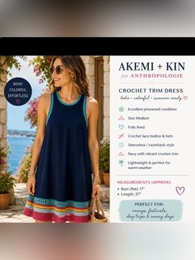 Akemi + Kin Anthropologie Crochet Trim Dress Medium Boho Sleeveless Lined Navy